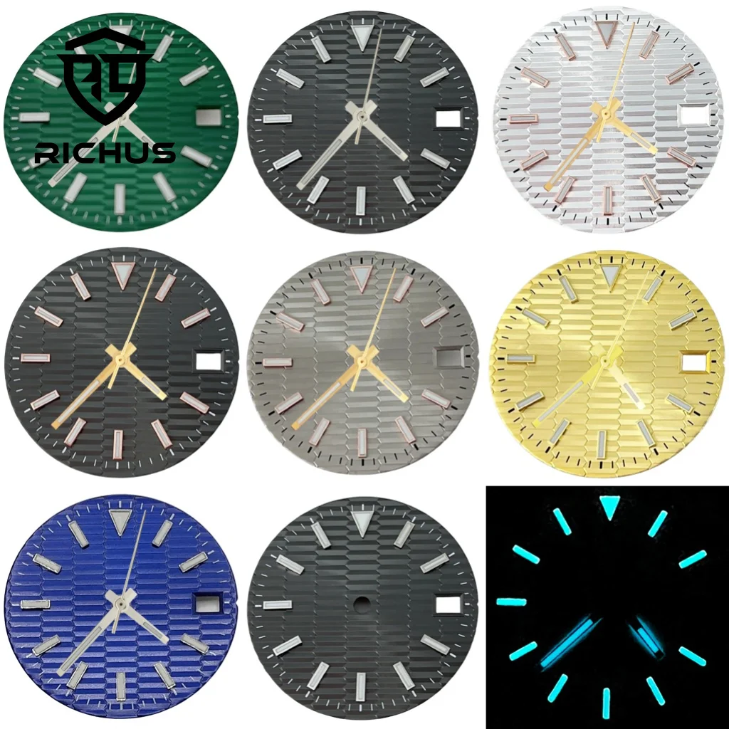

Циферблат часов RICHUS 28,5 мм с сине-зелеными светящимися стрелками, совместимый с механизмами NH34, NH35, NH36, ETA2824, 2836, Miyota8215-DG, аксессуары для часов
