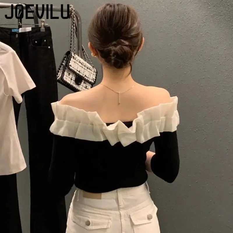 Off Shoulder Crop Top Ruffle Contrast Pleated Short Sleeve T-shirt Women\'s French Summer Elegant Blouses Slim Fitting Chic Tops