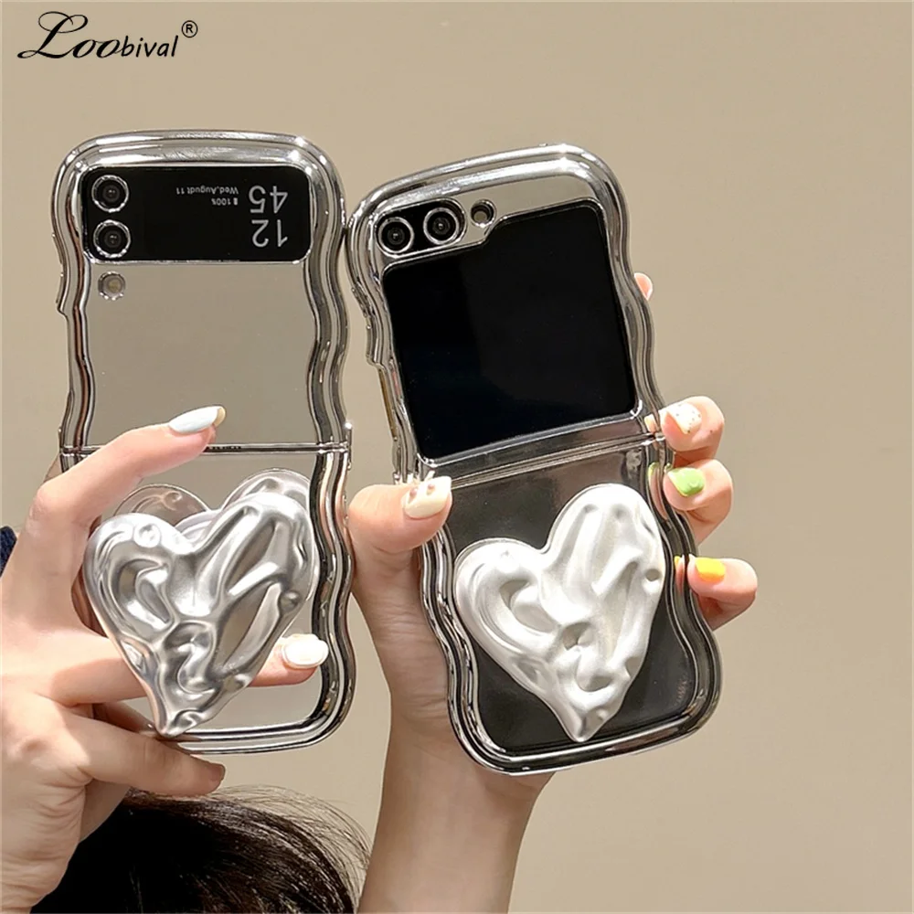 Cute Love Heart Bracket Wave Case for Samsung Galaxy Z Flip 5 4 3 Plating Stand Holder Soft Shockproof Cover for Samsung Flip5