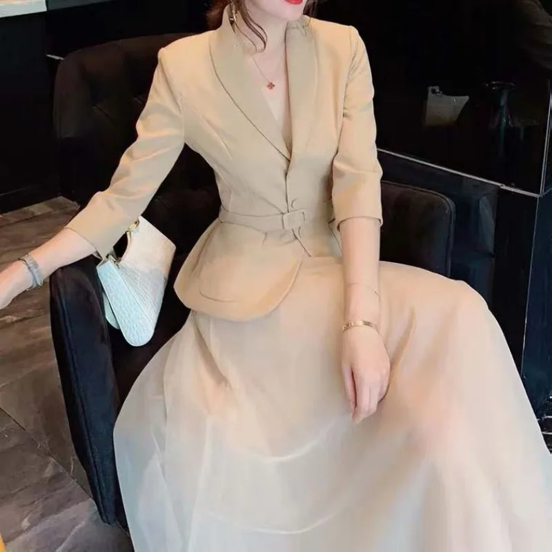 New High Quality Autumn Korean Fashion Women's Suit Elegant Slim Lapel Long Sleeve Blazer + High waist Mesh Skirt Two Piece Set