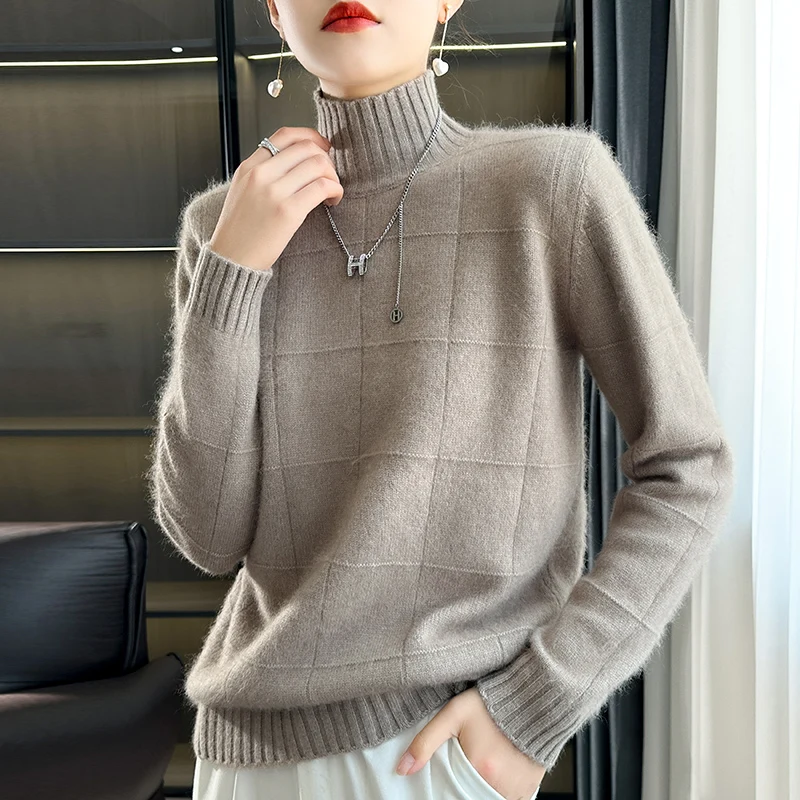 Autumn/Winter New 100% Cashmere Pullover Casual Solid Color Knitwear Women's Sweater High Neck Thickened Blouse Loose Tops