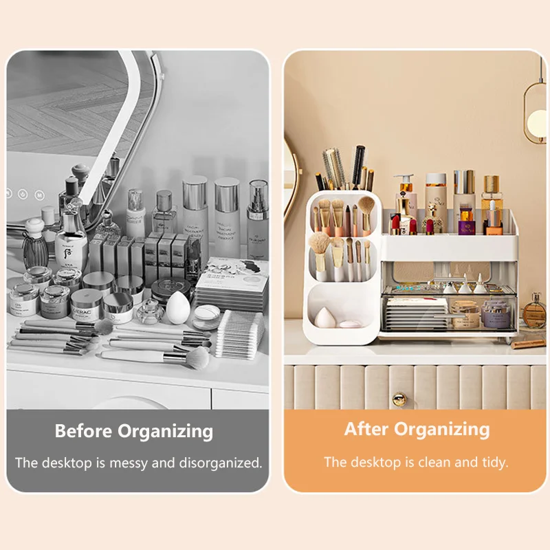 Make-up-Organizer mit großem Fassungsvermögen für den Schreibtisch – Kosmetik-Aufbewahrungsbox mit Fächern für Pinsel, Lippenstift, Lidschatten und Puffs