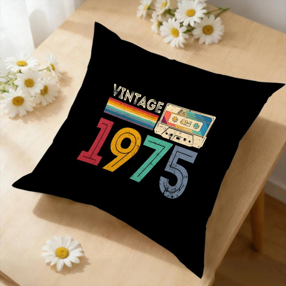 1Pc Vintage 1975 Cassette Tape Cushion Cover Black Retro Year Print Pillowcase For Sofa Bedroom Home Decor Gift Soft Square