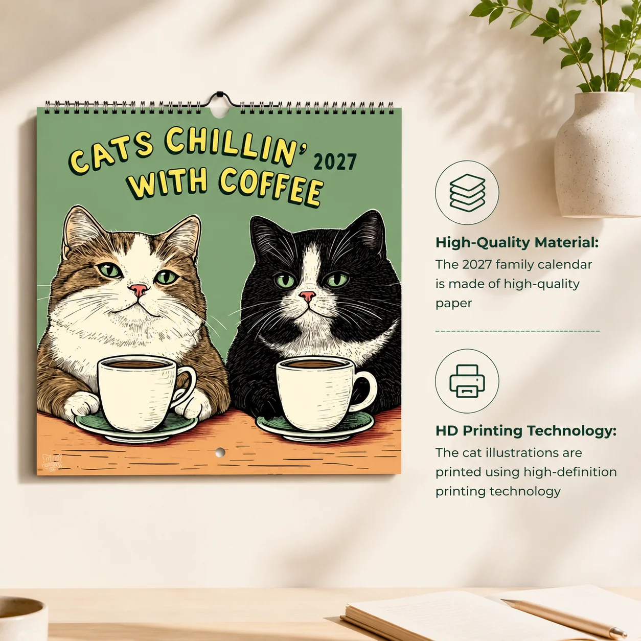 2027 Cozy Coffee Cat Calendar High-Quality Material Efficient Schedule Planning Cute Cat Illustrations for Each of the 12 Months