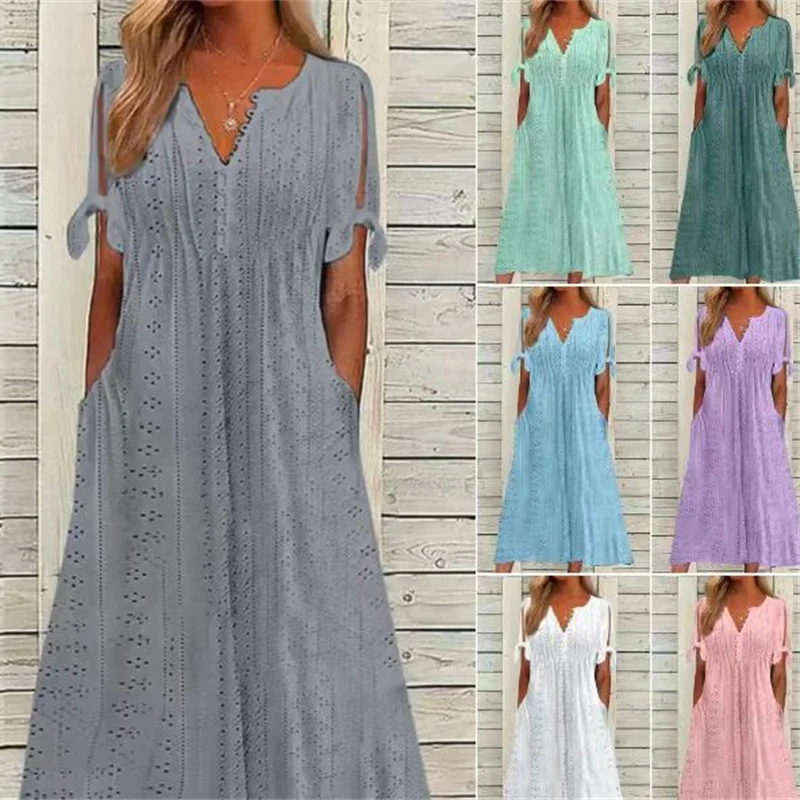 Women Long Dress V Neck Maxi Dresses Casual Loose High Waist Embroidered Dress Ladies Short Sleeve Party Sexy Dress With Pocket