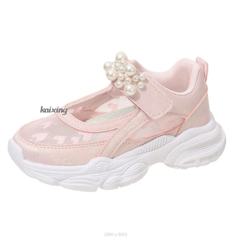 Summer Love Kids Sneakers Fashion White Mesh Sports Shoes For Girls Hollow Out Soft Breathable Beads Children Running Shoes