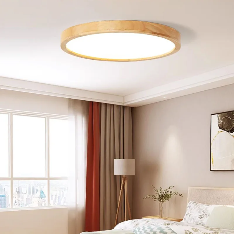 Luces LED de techo de madera ultrafinas, lámpara nórdica para sala de estar, dormitorio, accesorio de madera, pantalla acrílica moderna