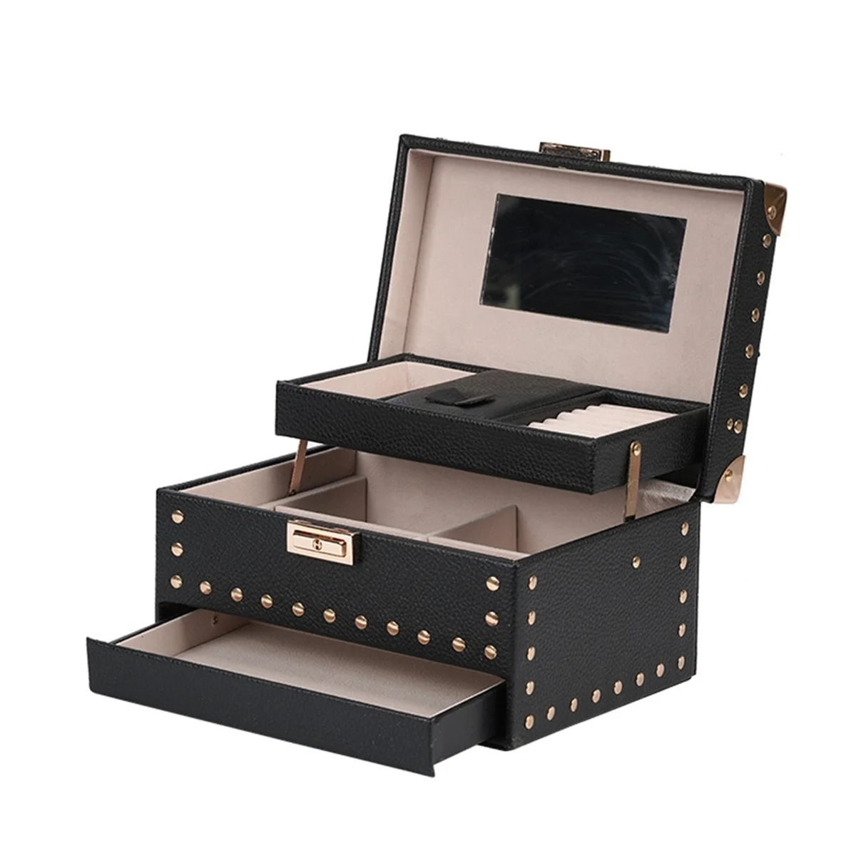 New 3-Layer Jewelry Box with Lock Pu Leather Earring Box Ring Jewelry Box Jewelry Display Box Jewelry Box Black