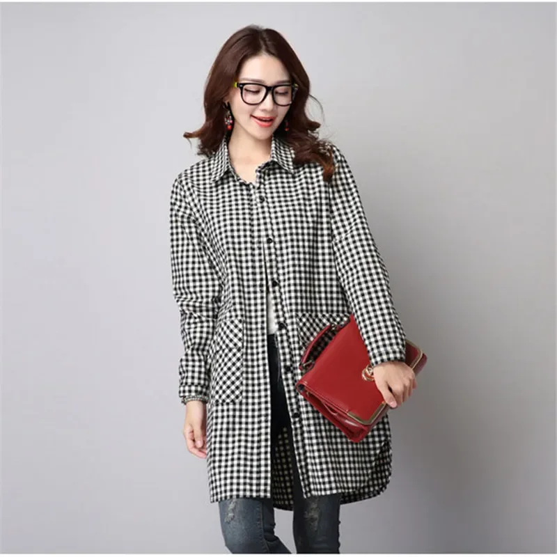 2024 Spring Autumn New Plaid Casual Shirt Women Fashion Long Sleeve Mid-Length Single-Breasted Blouse Coat Loose Ladies Top