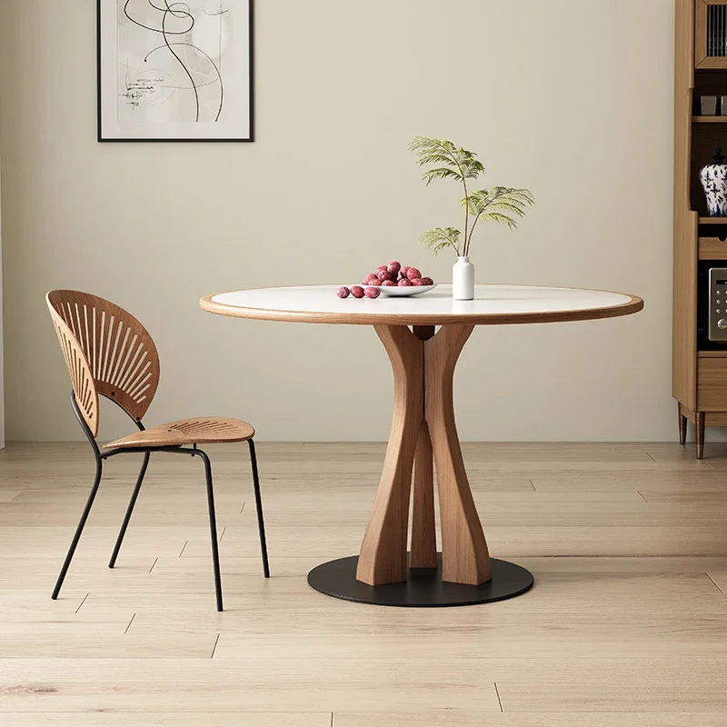Multi-tower round dining table household small apartment French retro style restaurant pure white pure black solid wood hemming