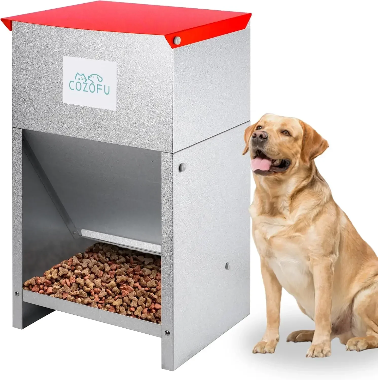 Galvanized Metal Dog Feeder Pet Food Station Gravity Fed Dry Kibble Dispenser For Indoor Outdoor Use Fits Small Medium Large Dog