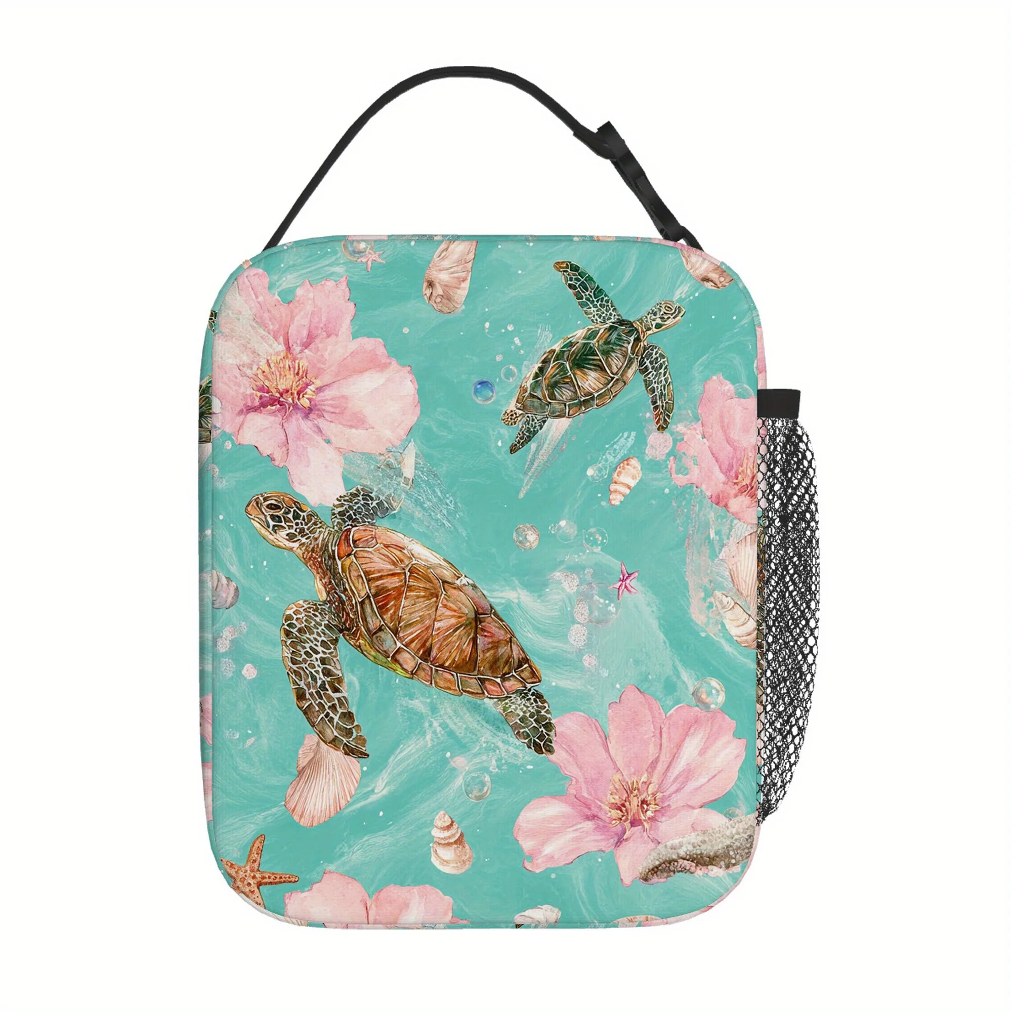 1pc Featuring Ocean Life with Turtles, Flowers, And Shells. This Is a Printed Thermal Bag That Is Insulated And Designed