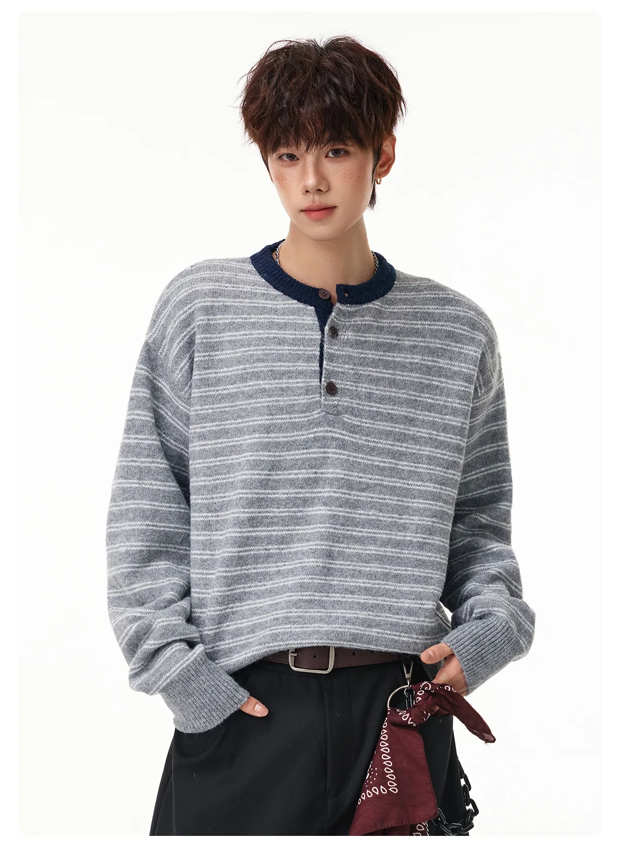 Striped Patchwork Solid-Color Henley-Neck Sweater Men Retro Casual Autumn Winter Pullover Knit Top Soft Warm.