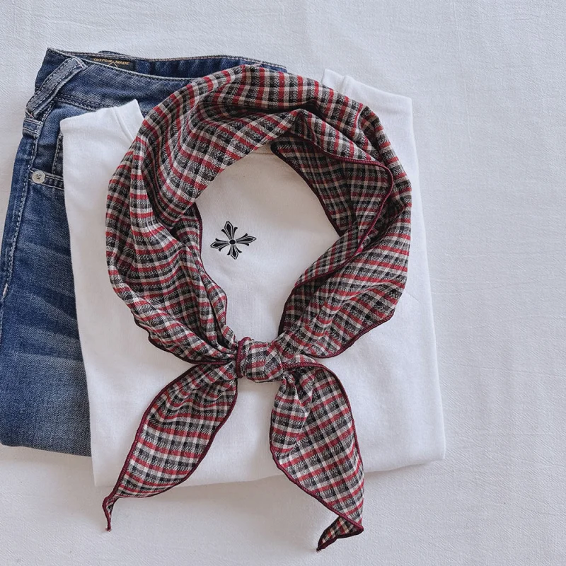 

%cotton small checkered Japanese-style scarf women, college style neck protector, small neck scarf, breatha