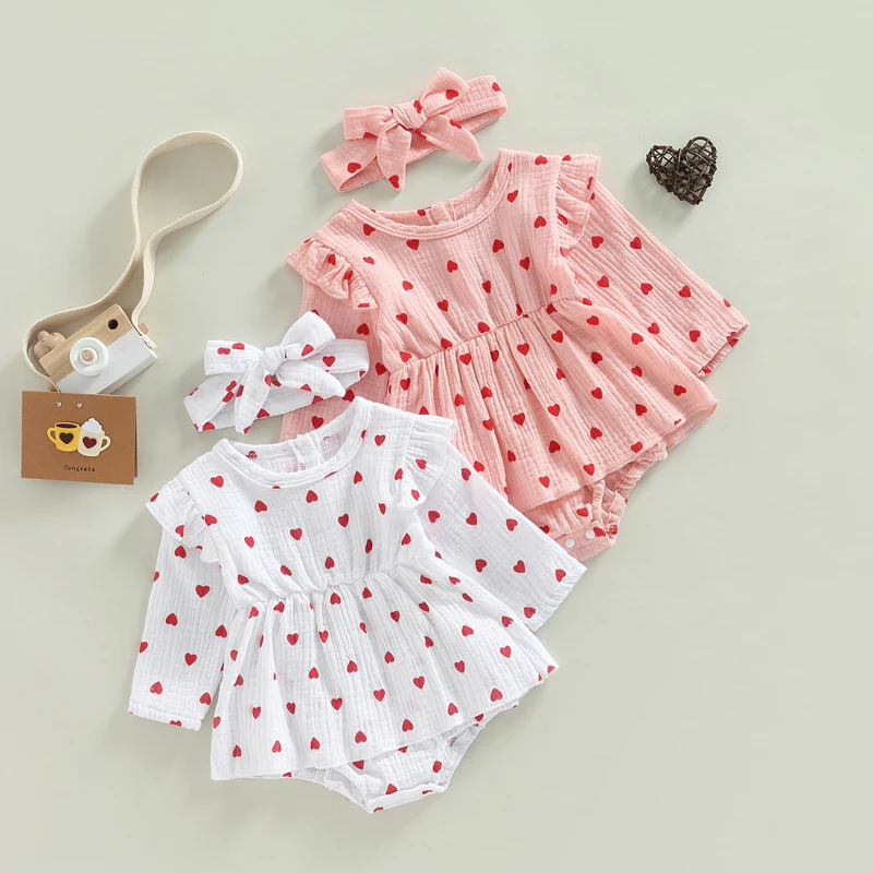 

Newborn Baby Girls Cotton Linen Romper Dress Long Sleeve Heart Print Bodysuits Jumpsuits Valentine's Day Outfits with Headband