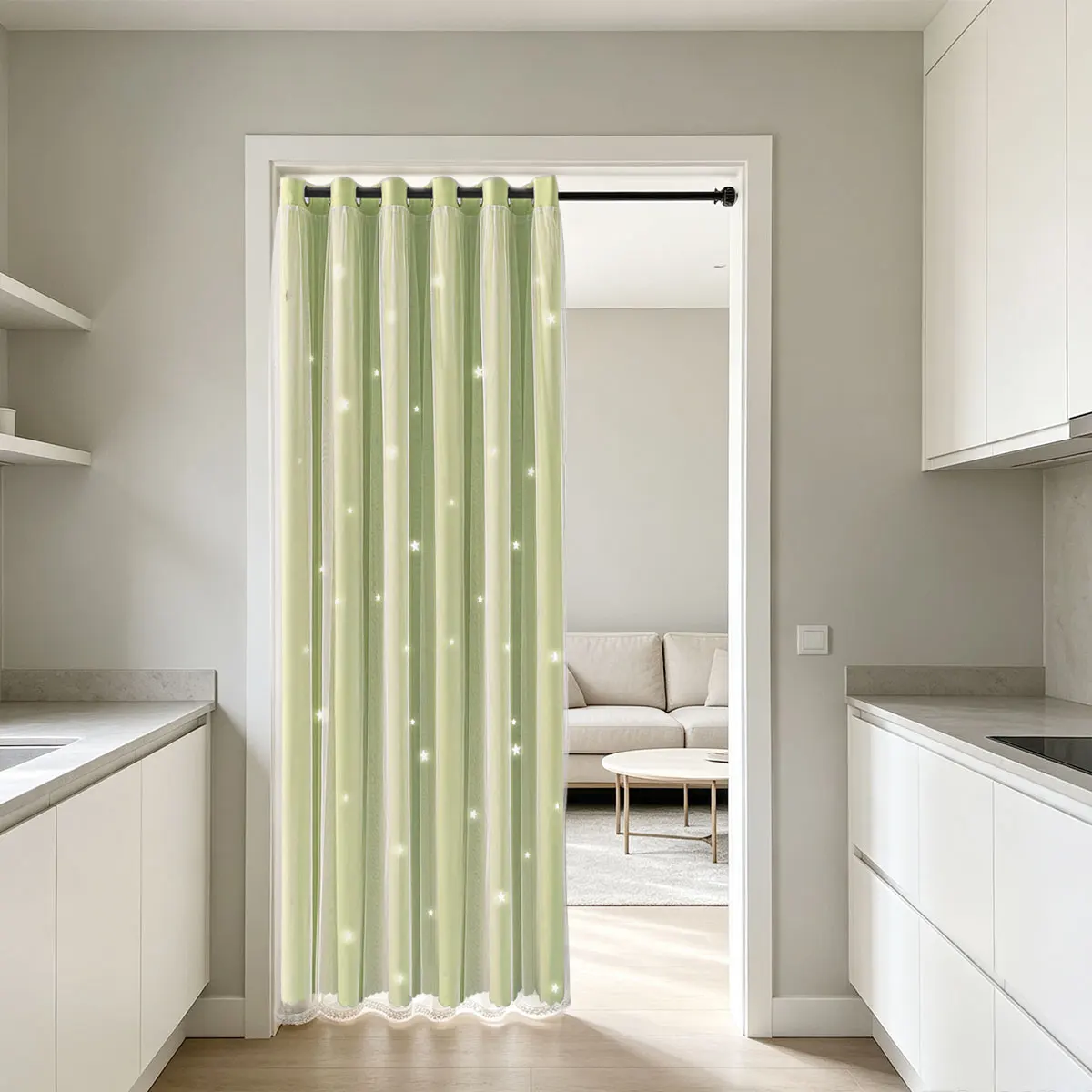 Green Double Layer Hollow Out Grommet Curtain 1 Panel, Star Cutout Lace Sheer, Scalloped Lace Edge Window Drape for Room