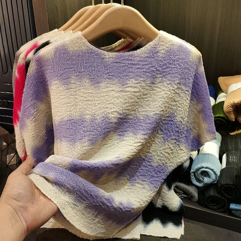 

Плиссированная футболка Miyake Premium Sense, плиссированная футболка с круглым вырезом, женская летняя футболка 2025, свободные тонкие полосатые топы с короткими рукавами и принтом