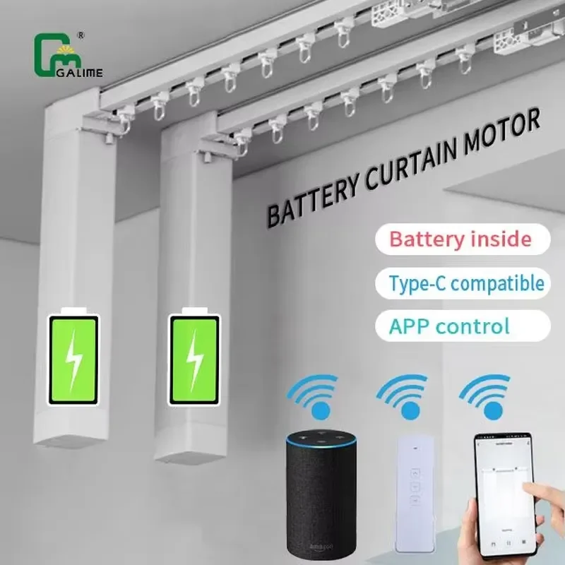 Galime Battery Powered Smart Curtain Motor Tuya Zigbee Type C Rechargeable 2500mAh Lithium Battery Motorised Curtain for