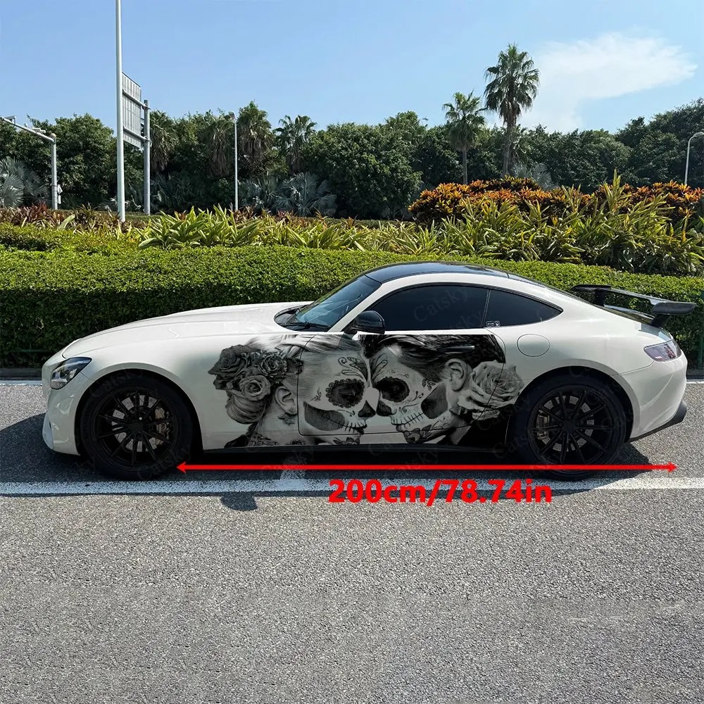 2pcs Sugar Skull Couple With Roses Car Side Wraps, Self-Adhesive PVC Waterproof & Scratch-Resistant Stickers, Car Accessory Gift