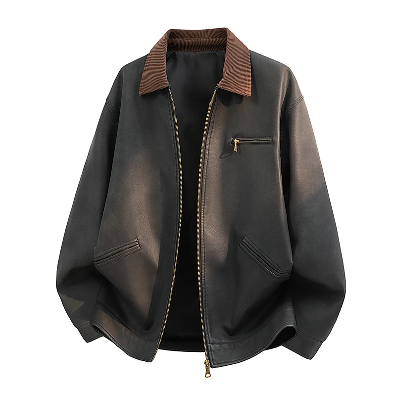 Casual Turn‑Down Collar Faux Leather Jacket Zip‑Up Loose‑Fit Long‑Sleeve Outercoat Multi‑Zipper Pockets Vintage Street Outerwear