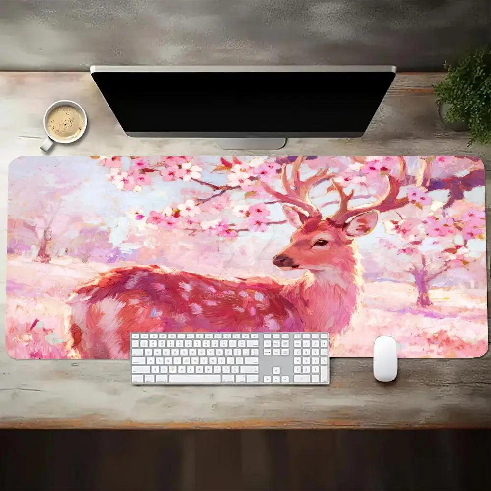Table Mat Cherry Blossom Forest Pink Deer Fantasy Print Mouse Pads Large Size For Bedroom Learning Game Card Pad