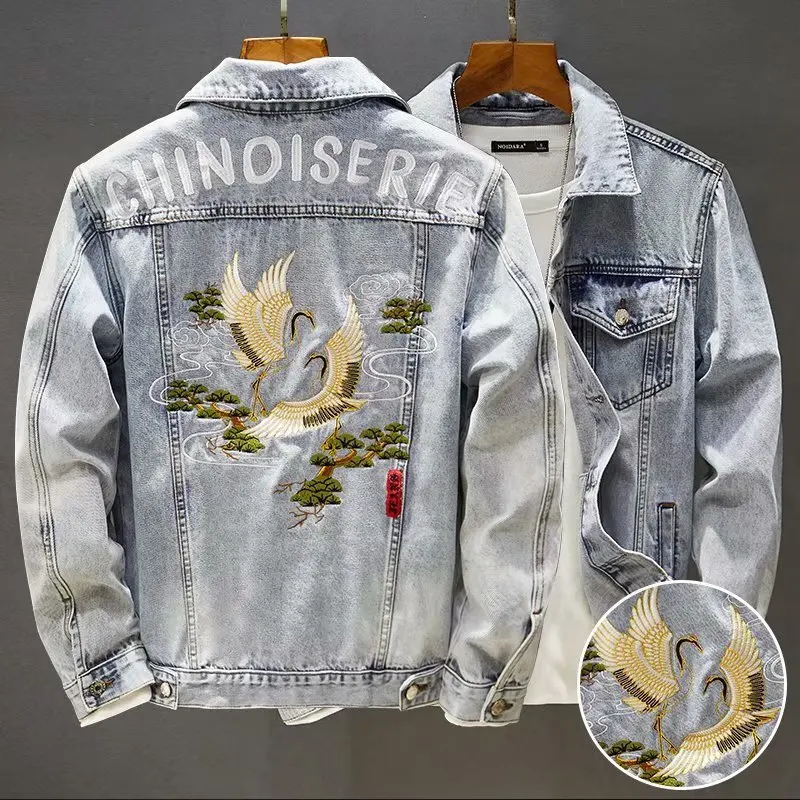 

Autumn Winter Men's Embroidered Turn Collar Denim Coats Vintage Slim Fit Motorcycle Bomber Jean Jackets Streetwear Top