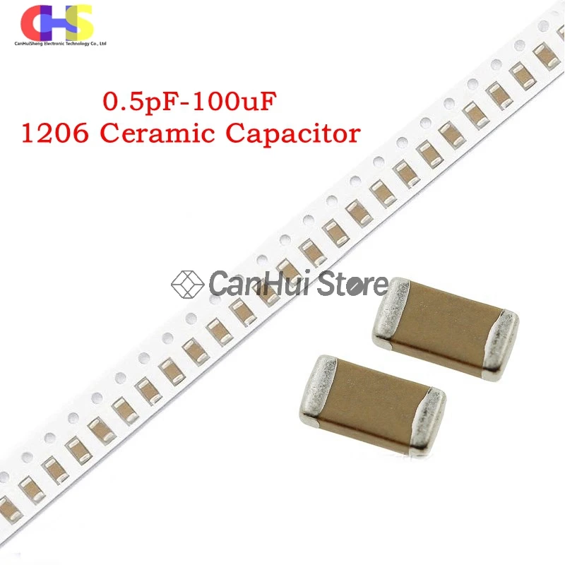 100szt 1206 SMD Chip Wielowarstwowy kondensator ceramiczny 0.5pF - 100uF 2 3 4 5 6 7 8 9 pF 6.8nF 15nF 330nF 100nF 0.1uF 2.2uF 4.7uF 10uF