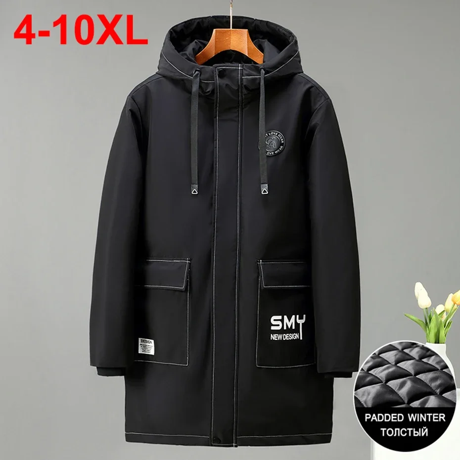 

Парки больших размеров 9XL 10XL, зимние куртки, мужские утепленные пальто с капюшоном, повседневные свободные черные длинные парки, стеганые куртки, верхняя одежда