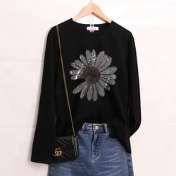 Autumn Pure Cotton Long-sleeved Women's T-shirt Spring Fashion Flowers Hot Drill Niche Design Loose High Quality Tops Trend Tees