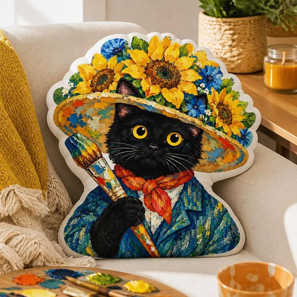 Black Cat Painter Shaped Pillow Artist Cushion Floral Sunflower Throw Pillow Cat Art Studio Sofa Home Decor Gift for Artists