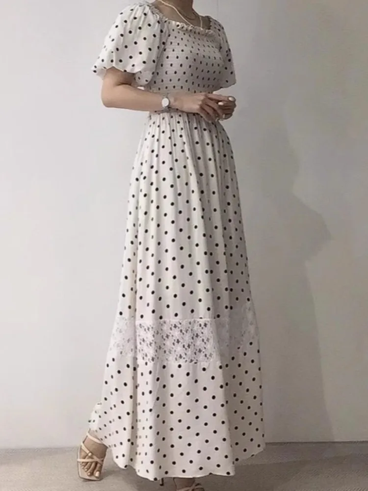 Vestido largo e de verano con lunares y encaje, vestido largo e con cintura ajustada para mujeres jóvenes de lo...