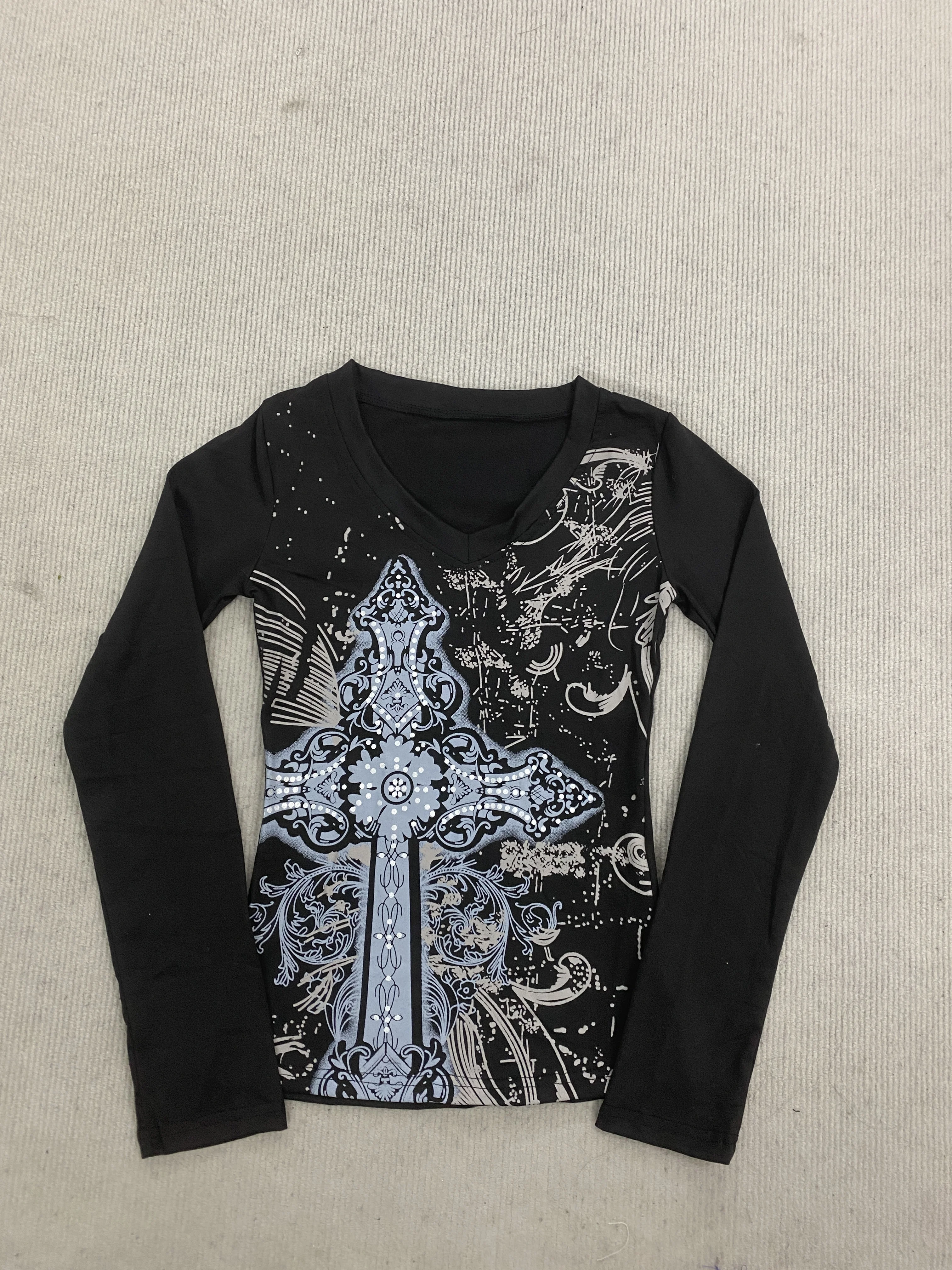 Gothic Retro Y2K Damen-T-Shirt mit Rundhalsausschnitt und langen Ärmeln, dunkler High-Street-Spice-Girl-Stil, tailliert, Herbstmode – Detail 4
