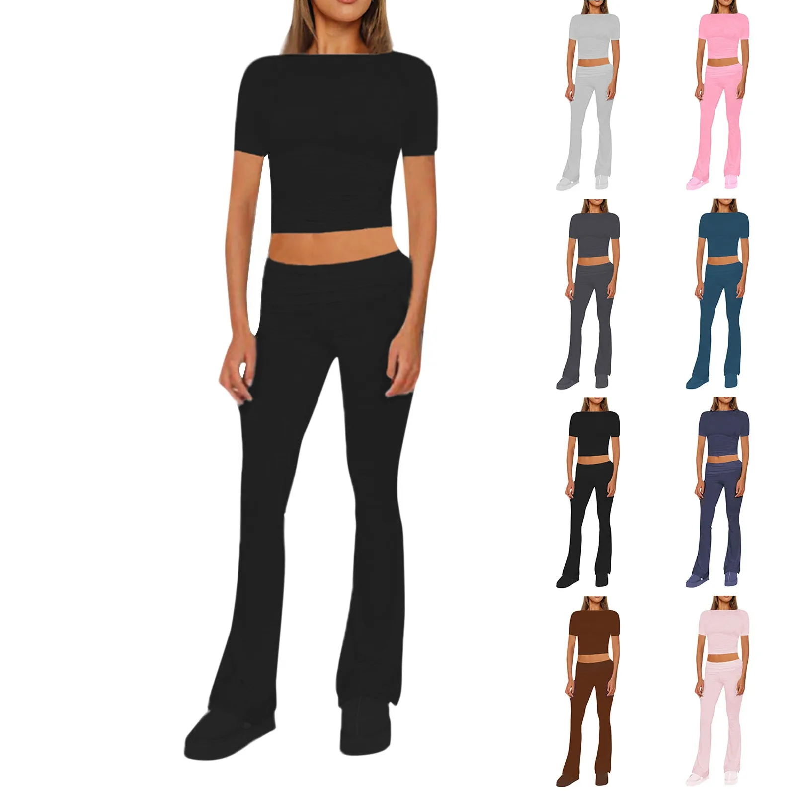 ملابس علوية قصيرة الأكمام برقبة مستديرة للنساء ، تناسب الجسم ، بنطلون متوسط الخصر ، طقم ملابس الشارع من قطعتين أحادي اللون ، موضة رائجة