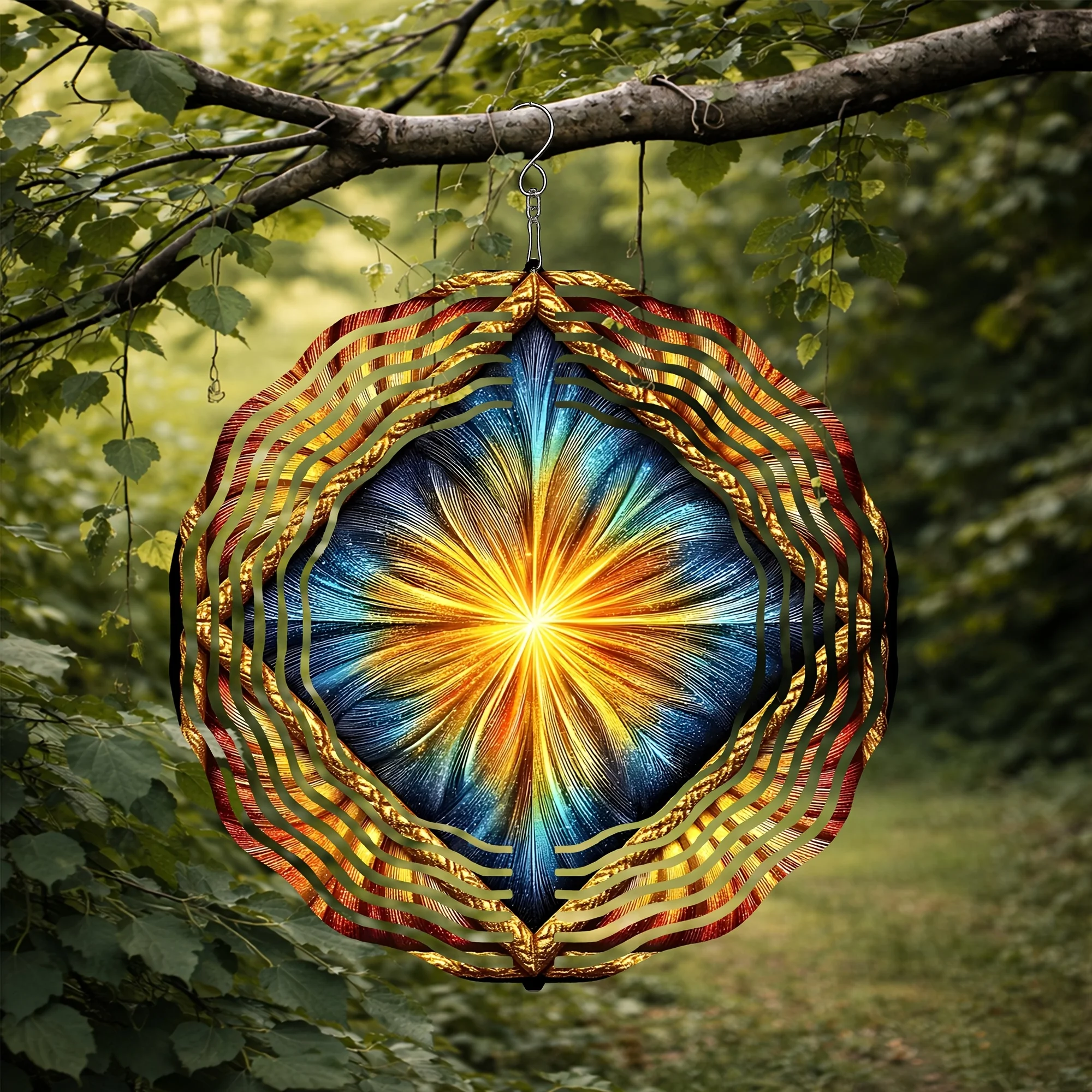 1pc Metal 3D A Wind Chime Featuring an Abstract Starburst Design Framed by Golden Diamonds, Creating a Mysterious