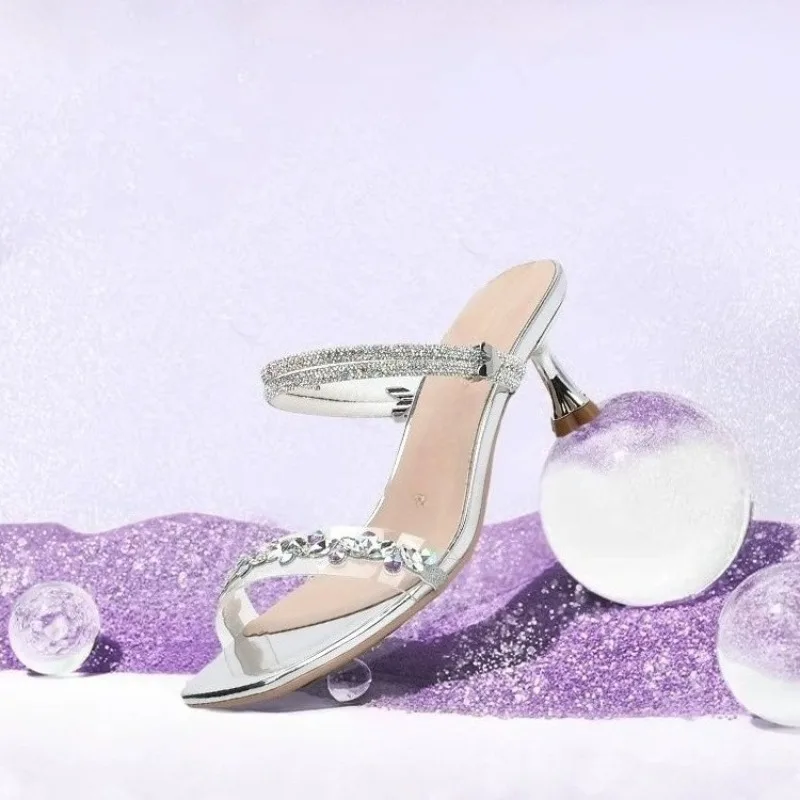 Two-Wear Stiletto Sandals Autumn New Square Toe Rhinestone Clear Strap Anti-Slip Wear-Resistant Kitten Heels