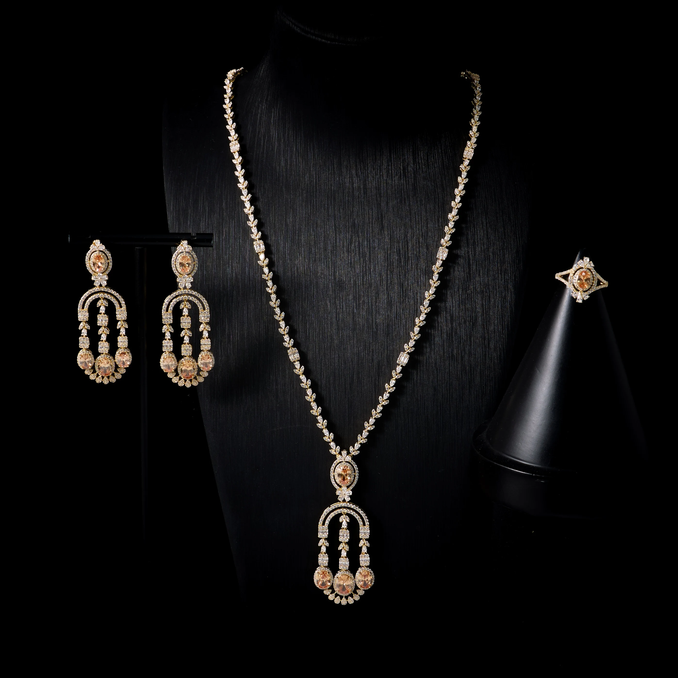 250216 Bridal Long Necklace Set for Women Cubic Zirconia 3 Pcs Jewelry Set for Women Wedding Party Accessories Necklace Earrings