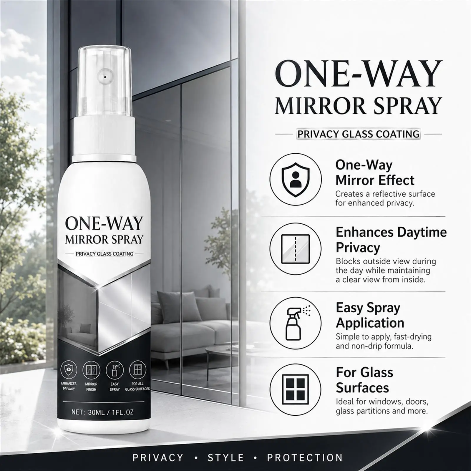 30ml Light Reflection Spray Anti-Peeping Privacy Protection Window Frosting Spray for Car Home window Anti-Theft Privacy Spray