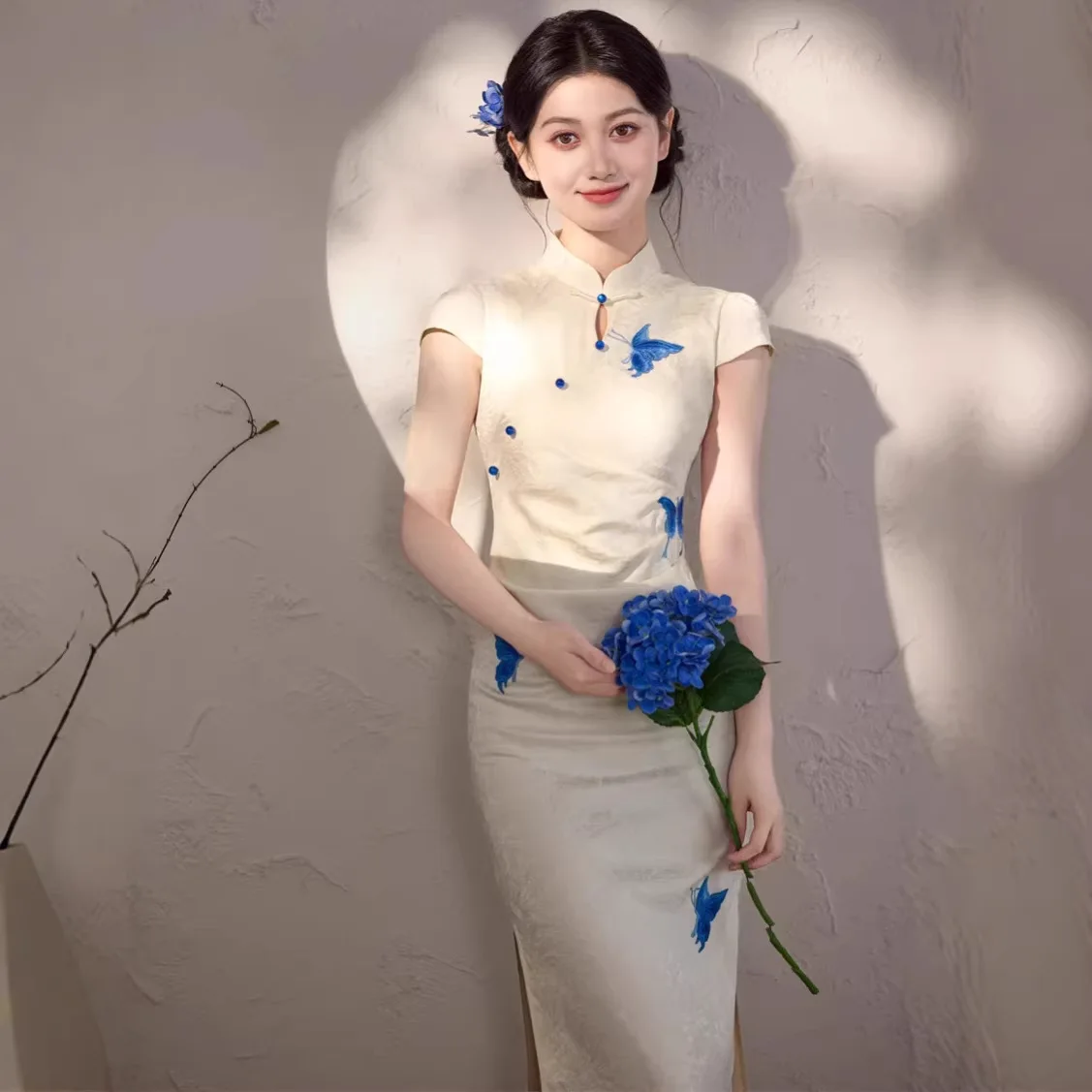 Yourqipao Summer Chinese Style Jacquard Long Double-Layer Blue Butterfly Print Cheongsam Evening Dress Qipao for Women