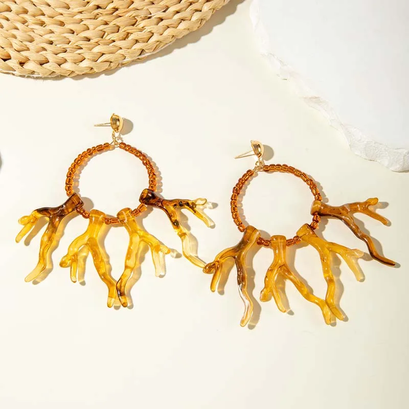 البوهيمي براون المرجان قلادة أقراط للنساء موضة الاكريليك هندسية حبة شرابة أقراط أذن منسدلة مجوهرات اكسسوارات