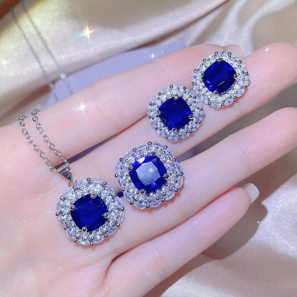 

Fashion Three-Piece Set Sapphire Square Ring Pendant Necklace Stud Earrings For Women Blue Zircon Valentine's Day Gift Jewelry