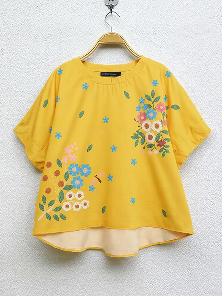 

ZANZEA Women Floral Printed Blouse 2025 Fashion Short Sleeve Tops Casual Loose O-Neck Blusas Elegant Tunic Oversized Pullovers
