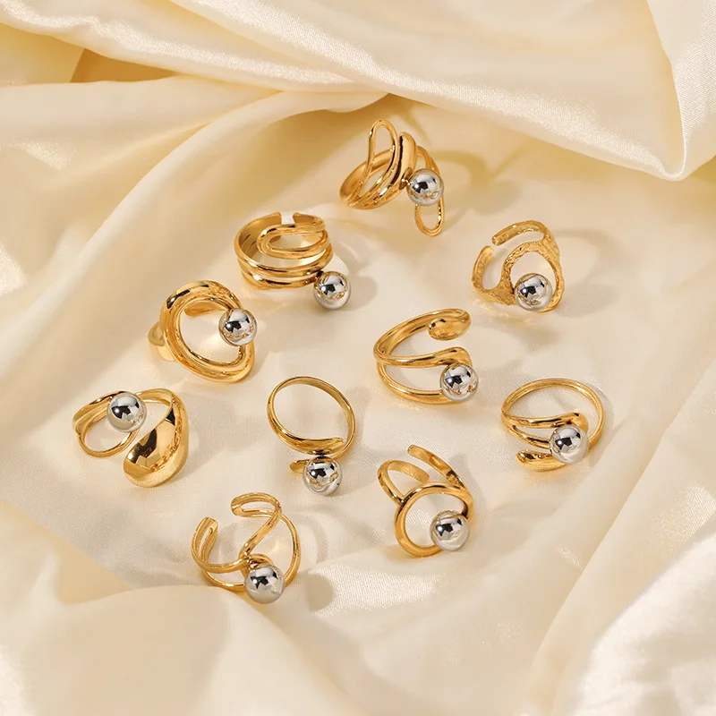 

Fashionable minimalist geometric irregular ring, stainless steel ring embellished with steel beads, unisex for women and men.