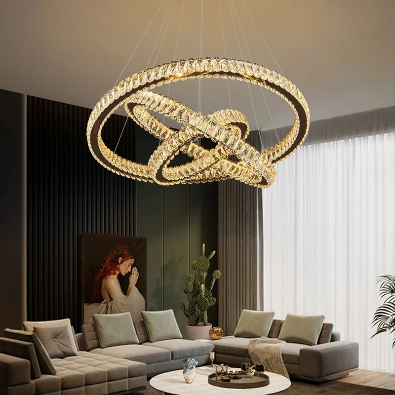 

Modern LED Hanging Crystal Staircase Chandelier Luxury Gold Ring Cristal Lighting Fixtures Round Home Decor Indoor Creative Lamp