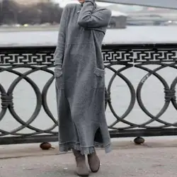Thickened Velvet Dress O Neck Long Sleeves Slit Hem Knitted Lace Trim Maxi Dress Autumn Winter Warm Velvet Dress Streetwear