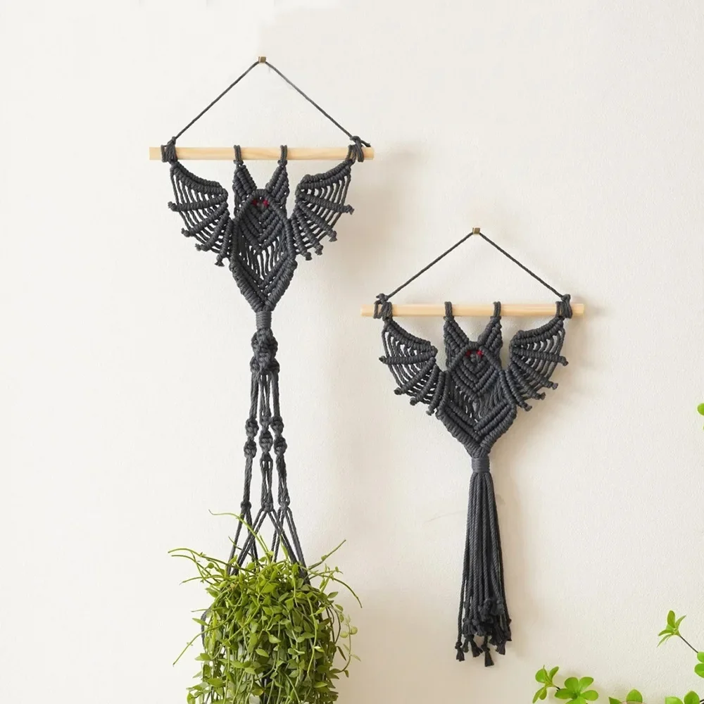 

Creative Bat Handmade Cotton Rope Weaving Tapestry Wall Hanging Plant Pottery Mesh Bag - Home Decorative Art Piece