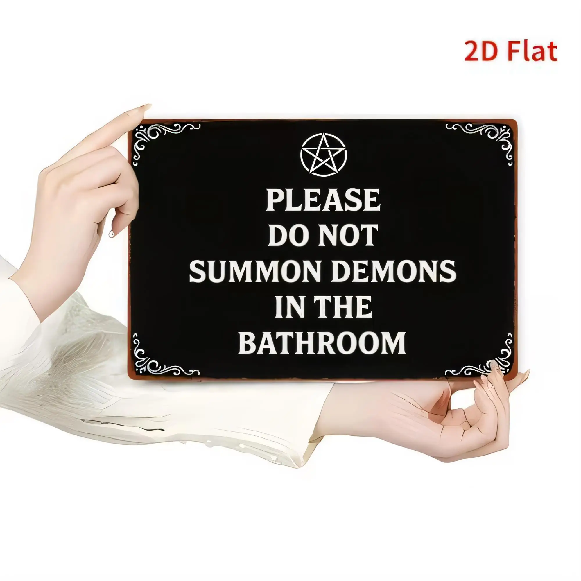 Tin Sign 2D Flat Please Do Not Summon Demons In The Bathroom Vintage Metal Wall Art Retro Halloween Gothic Quote Hanging Plaque