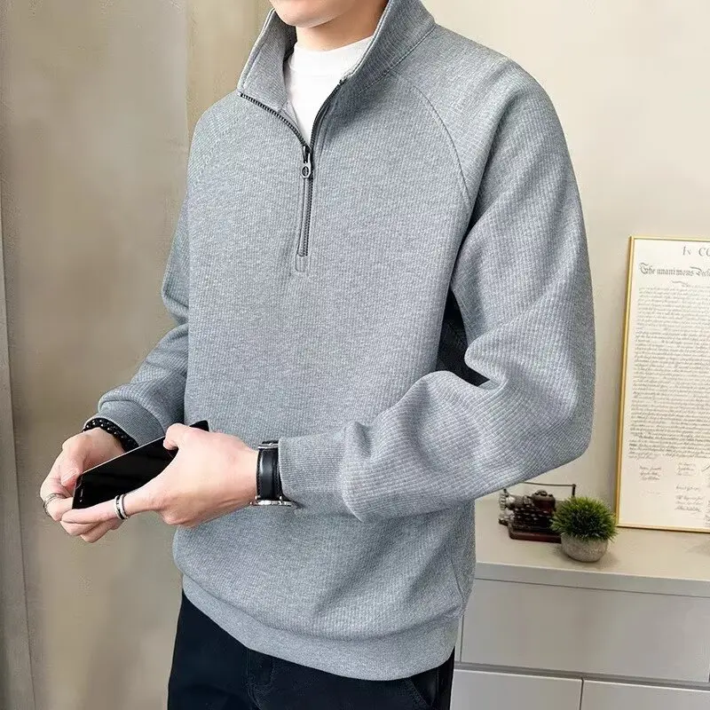 

Утолщенный мужской свитер с полумолнией, трикотажная толстовка, осенний повседневный пуловер с воротником-стойкой, свободная базовая рубашка, модный мужской свитер