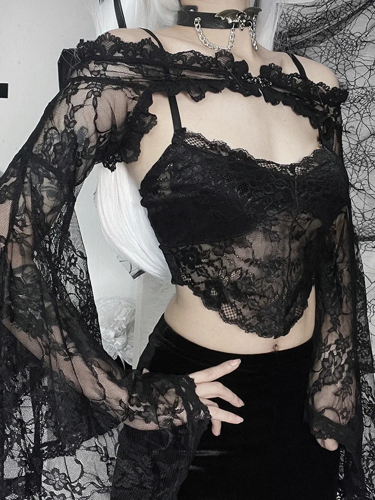 Goth Long Sleeves Smock Vintage Black Lace One Shoulder Grudge Aesthetic Overall Y2K Luxury Coquette Party Sexy Crop Top