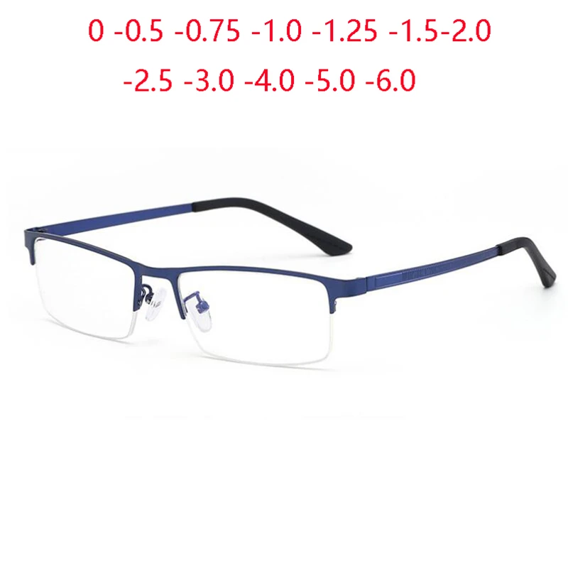 Semi-Rimless Anti Blue Rays Square Myopia Glasses Finished Women Men Metal Student Prescription Eyeglasses 0 -0.5 -0.75 To -6.0