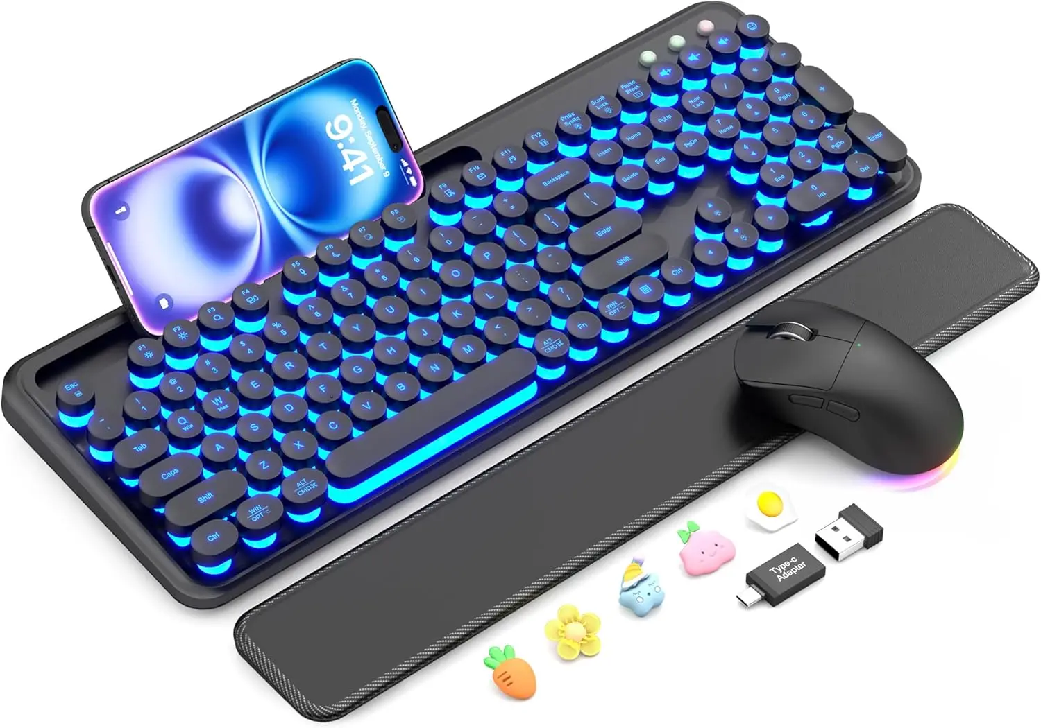 

Wireless Backlit Keyboard and Mouse Set with Magnetic Wrist Rest, Phone Holder, Round Keys for Mac Windows PC Laptop